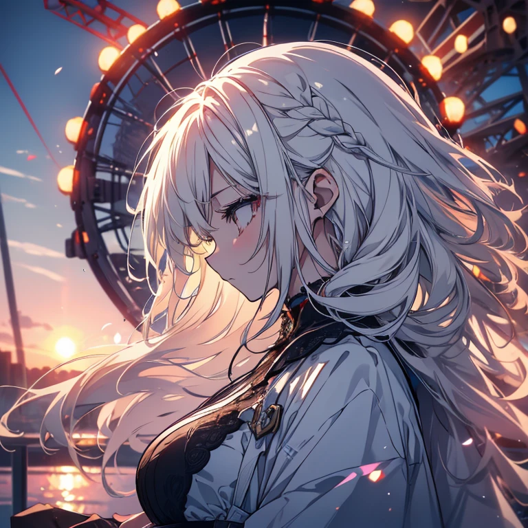 1 person、Mature、Ample breasts、Long Hair、White Hair、Look to the side、profile、Sad face、evening、Illuminated by the setting sun、Ferris wheel silhouette、Armament、Immerse yourself in memories、sad、Lonely、High resolution、Highest quality