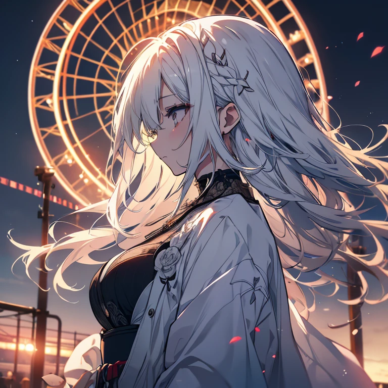 1 person、Mature、Ample breasts、Long Hair、White Hair、Look to the side、profile、Sad face、evening、Illuminated by the setting sun、Ferris wheel silhouette、Armament、Immerse yourself in memories、sad、Lonely、High resolution、Highest quality