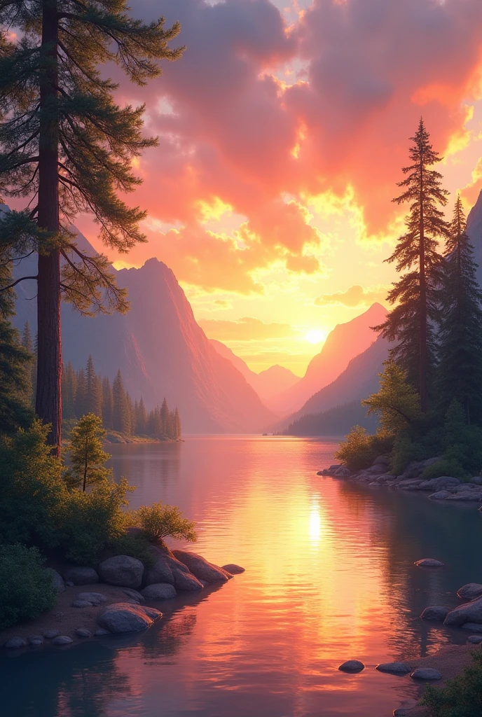 "The sun dipped below the horizon, casting a golden glow across the tranquil waters. The sky was painted with streaks of pink and orange, as if an artist's brush had swept across it with gentle strokes. Tall trees lined the shore, their branches reaching towards the heavens. A gentle breeze rustled through the leaves, carrying with it the earthy scent of pine. In the distance, mountains stood majestically, their peaks kissed by the fading light of day."