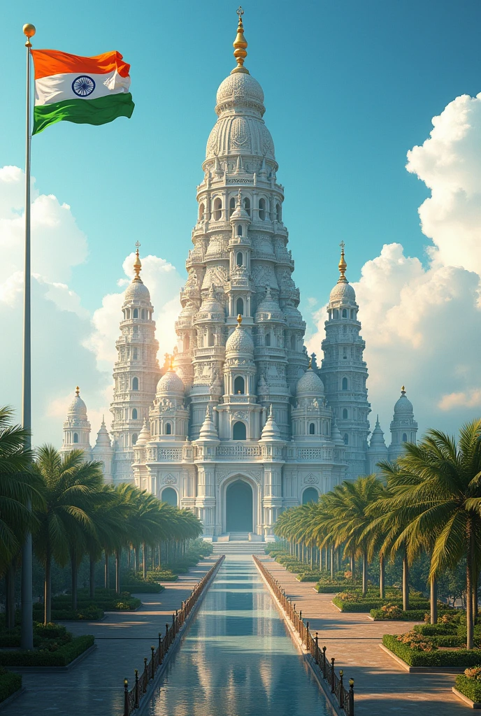 India as a developed nation 2047 with a big Indian flag inside a new unique modern Rameswaram Temple city having temple like tall buildings 