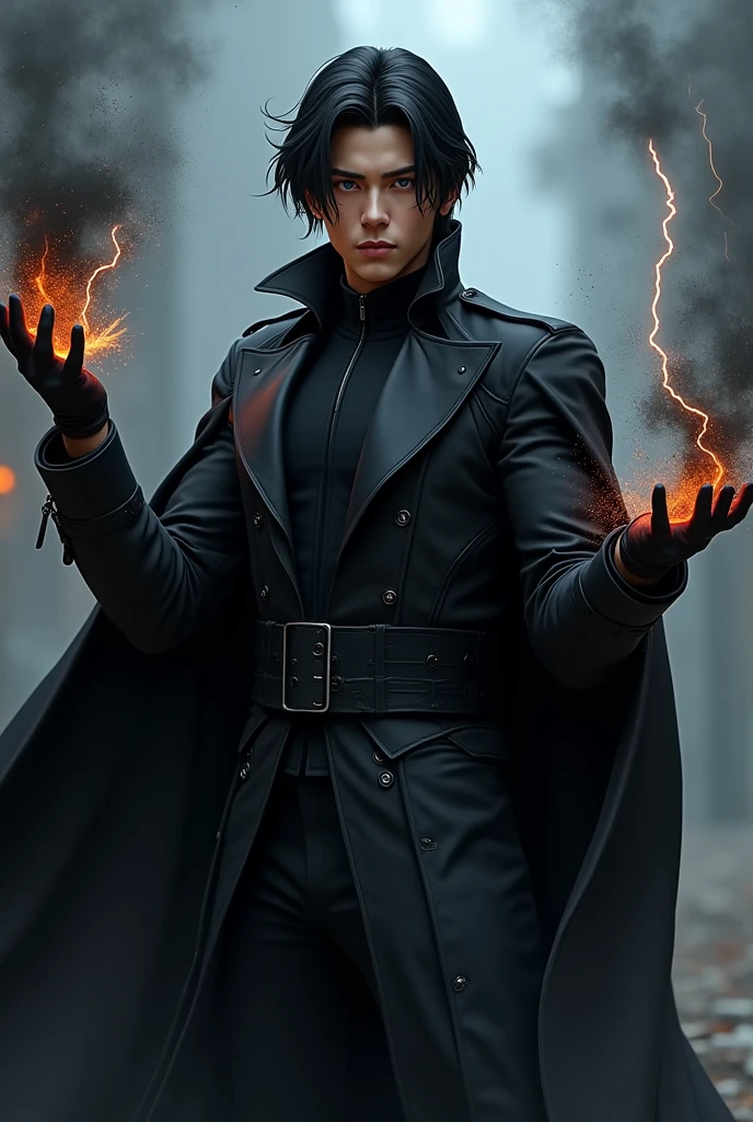 A young man wearing a black military suit, with a serious look, let black fire come out of his left hand and black lightning from his right hand. Let her hair fall slightly on her forehead in black color. Have a black cloak.Let the guy have a beautiful face and blue eyes. Let the suit be a modern suit of the future in black. Let the lightning be black.