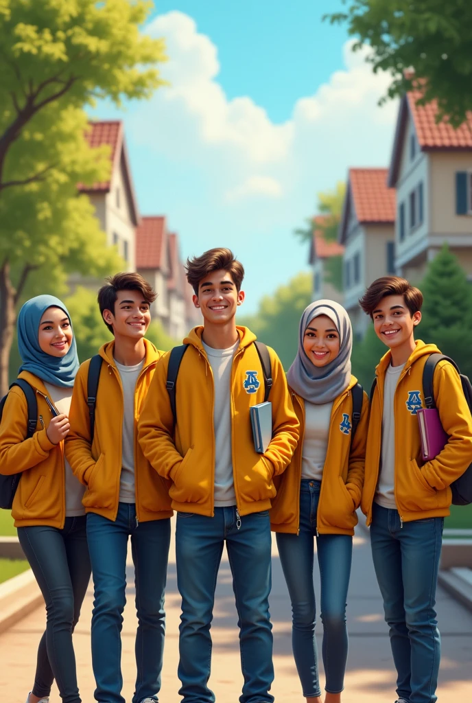 Create an image of 5 college students, 3 men and 2 women wearing hijab, standing with enthusiasm, wearing plain yellow alma mater jackets, carrying books and bags, with a background of residential houses and trees.