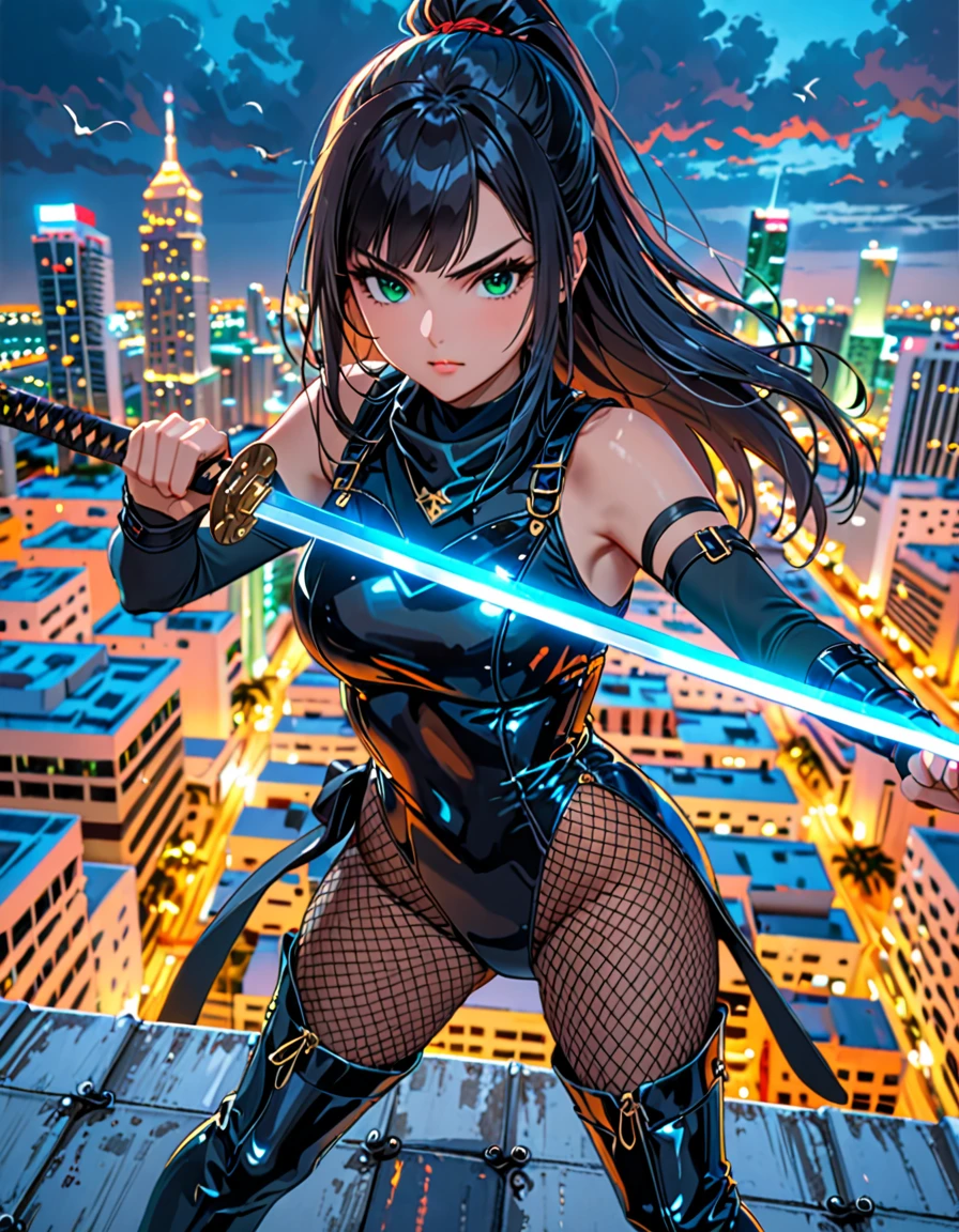 (masterpiece), (Highest quality), (High resolution), One person, Adjusting the Finger Ratio, Very detailed, Professional, Ninja, kunoichi, Green Eyes, Beautiful attention to detail, Beautifully detailed face, Perfect hands, Full Finger, (Black Wristband), Perfect Anatomy, Perfect Proportions, (Black Hair, Long Hair, Swept-apart bangs), (Black leotard, Matching leotard, Fishnet tights, No sleeve), (barefoot), (boots, matching boots, thigh boots, blue boots), chest, medium chest, Full body with costume, avert your eyes, (Holding a sword, knife), dynamic fighting stance, V-shaped eyebrows, alone, alone focus. Cowboy Shot, Miami city background, rooftop, Outdoor, (Searchlight), (helicopter). Are standing. noir atmosphere.