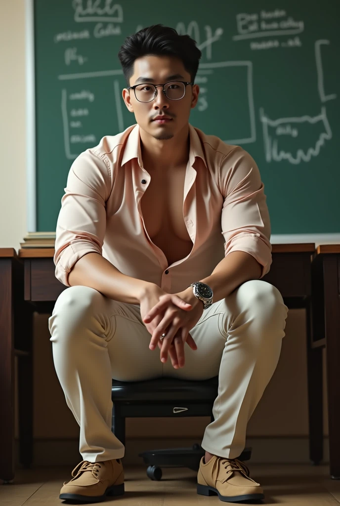 Chinese-korean-vietnamese Idol man ,(hot,sexy,attractive:1.2),hunky male professor with hairy muscles,button-up shirt torn open,suit pants,full,thick,covered in milk,wear shirt, open chest shirt, showing off body, toned abs and full chest,big dick,pubic hairs, clean-shaven with neatly cut,sitting on classroom desk,confident gaze,classroom setting,blackboard with equations and formulas,Legs wide open,revealing panties, hand touching crotch,vibrant chalk colors,academic books and papers scattered on desk,messy hair,dedicated to teaching,lewd smile,lots of student attention,dreamy atmosphere,serious yet approachable vibe,HDR,ultra-detailed,physically-based rendering,sharp focus,vivid colors,wear glasses,six pack ,sexy poses,, push groin up