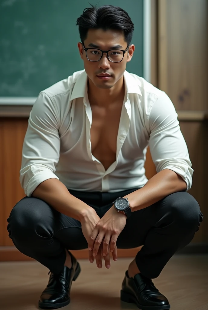 Korean gentleman,super big breasts ,teacher,shiny tight clothes, tanned skin,clean shave,squat,view from below,Big butt,Handsome and elegant,wear glasses, sexy , Masculine and handsome,musculous,Muscles look good,,, Full body photo,(ultra-detailed, photorealistic, best quality, 4k, 8k, highres, masterpiece:1.3),charming and distinguished , (muscular build body), wearing tailored shiny dress light colored shirt, sweat, unbutton buttons shirt, lewd face ,tight chest, sex,See-through shirt, erotic, horny, , Accessories include a luxury wristwatch, in school,looking at viewer,muscle veins,no underwear ,Tight shirt makes muscle,unbutton,six pack,
