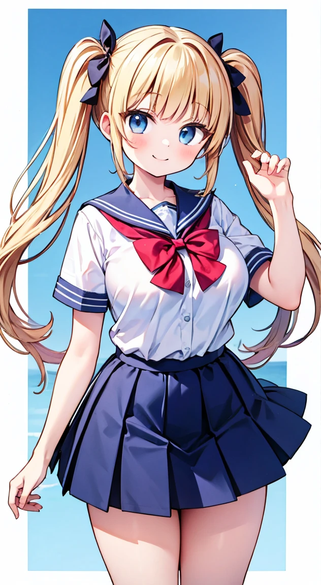 Highest quality,masterpiece,One person,Blonde,Twin tails,girl uniform,Short sleeve,Large Breasts,smile,