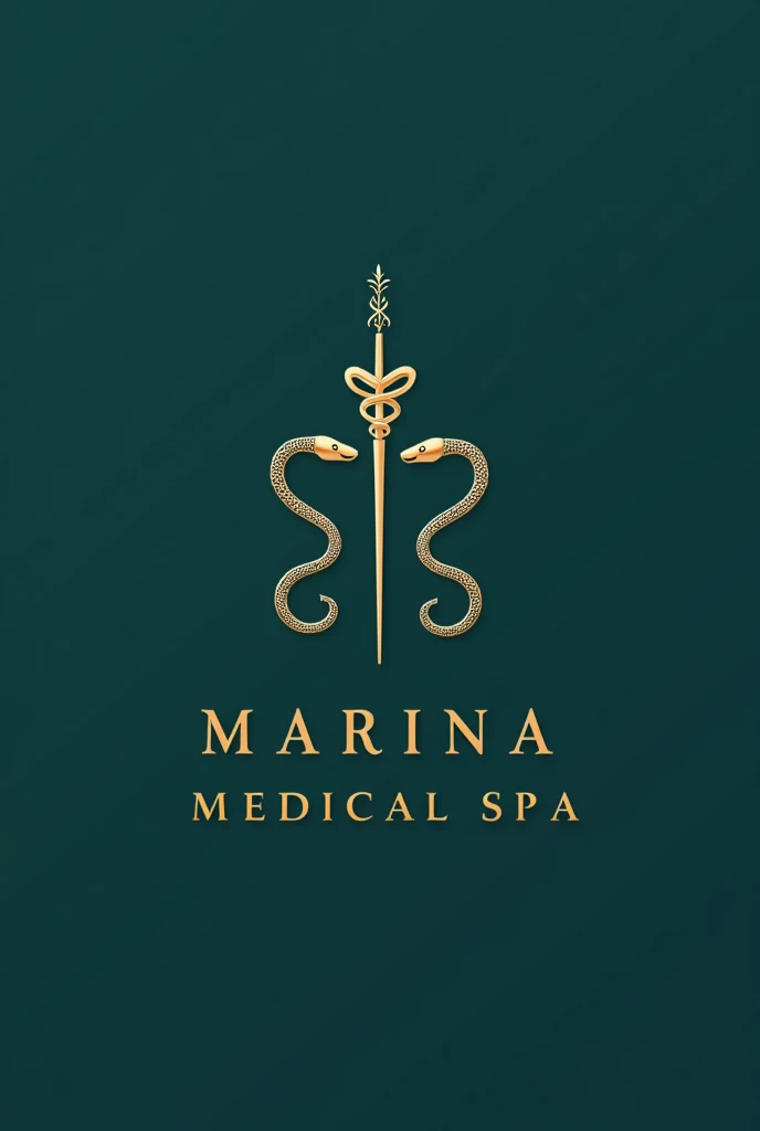 Make me a logo with a minimalist and elegant approach. In the middle, the Cabo San Lucas arch symbol, represented by two stylized snakes that gracefully coil around a slender, polished staff. The staff is golden, radiating a sense of luxury and distinction. The background is a soft shade of navy blue or emerald green, evoking tranquility and health. The serpent lines are thin and silver, complementing the staff and adding a modern and sophisticated touch. Below the symbol, the name of the spa is called MARINA MEDICAL SPA is written in an elegant serif font, also in gold, to harmonize with the staff. The typography has a classic but modern style, projecting confidence and professionalism. On the whole, the logo communicates a feeling of well-being, high quality and exclusive medical care, ideal for a medical spa.