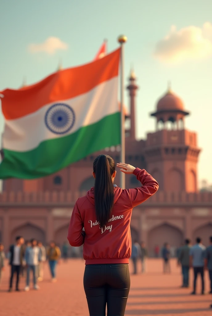 In front of the Red Fort, a large Indian flag is prominently displayed. A Woman is standing and saluting towards the flag, wearing a jacket with the name 'Varsha' written on it. Nearby, the words 'Happy Independence Day' are clearly visible, creating a patriotic and powerful 3D scene