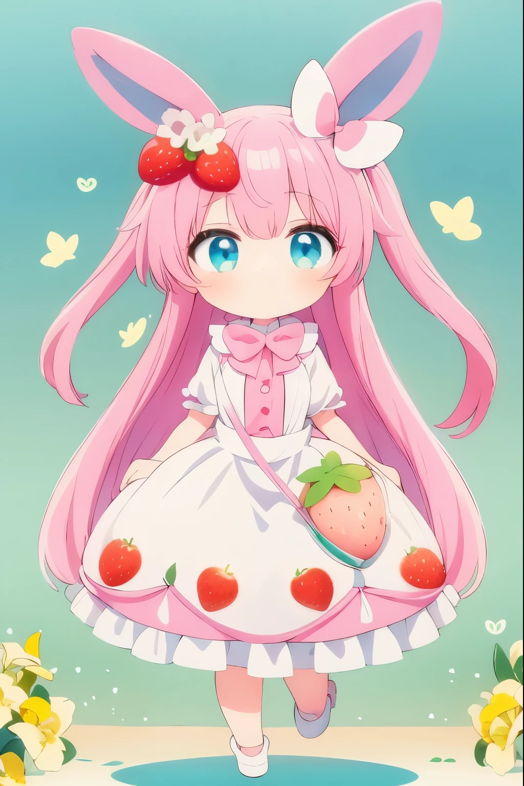 sky blue eyes,1girl,chibi,full body,green background,sky blue eyes,with heat-shaped irises,pink rabbit ears,pink hair,long hair,enjoy,tareme,cute eyes,strawberry pattem,two side up hair