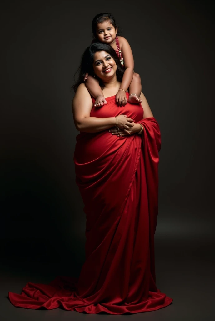 Inside a dark room, dynamic lighting, a slim, smiling and beautiful Indian actress in red satin saree is carrying a obese man on her shoulders, man is sitting on her shoulders, shoulder sitting lift
