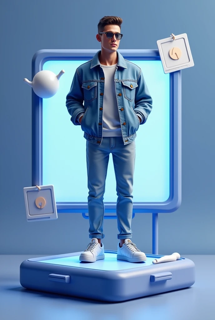 Create a 3D illustration of realistic character a man standing casually on top of a social media logo " Facebook social media". The character must wear casual modern clothing such as jeans jacket and sneakers shoes. The background of the image is a social media profile page with a Kali editing"RIPU" and a profile picture that match.