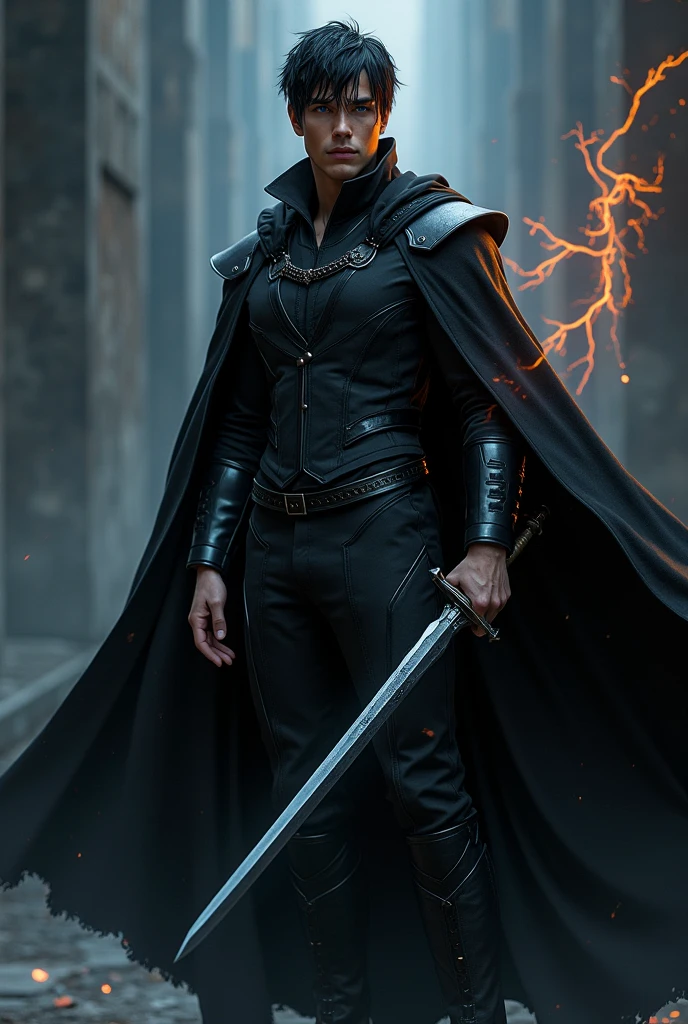 A young man wearing a black military suit, with a serious look, let black fire come out of his left hand and black lightning from his right hand. Let her hair fall slightly on her forehead in black color. Have a black cloak.Let the guy have a beautiful face and blue eyes. Let the suit be a modern suit of the future in black. Let the lightning be black.Let him have a black sword in his hand, and let the sword be surrounded by black fire.
