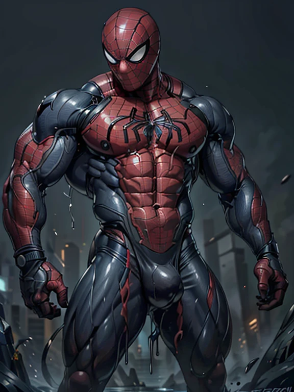 Superhero, hero, strong and robust male, Armor, Tentacle entanglement, uniform, Binding hands togethe, Foreign object invasion, monster breeding, wet, slime, tentacles, slimy tentacles(extremely detailed 8k wallpaper), Close-up (futuristic Spiderman From Marvel 1.3) emerging from the the futuristic world, extremely detailed, volumetric lighting Dark_Fantasy,Cyberpunk,(saw, Red:1.1),1man,Mechanical marvel,Robotic presence,Cybernetic guardian, dark colours.