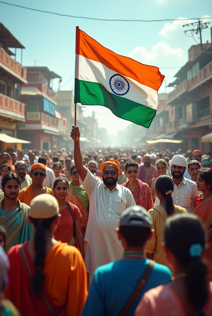 Realistic image of Indian Flag with Indian people of all religions around it