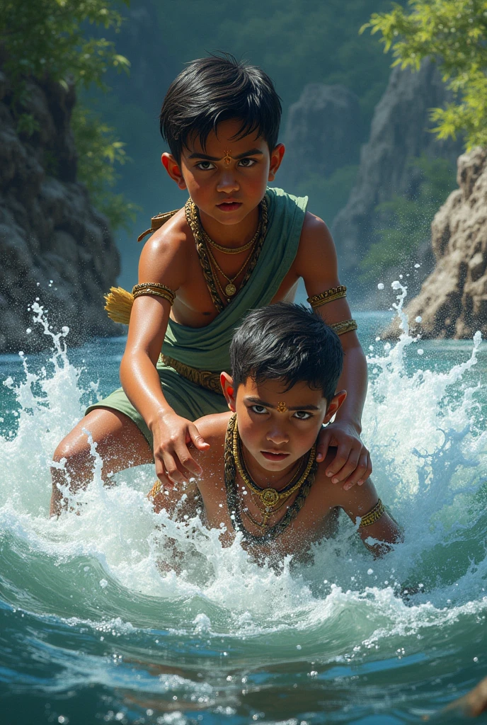 A brave young boy, trying to save his friend who is drowning in, indian boy, confident boy, 