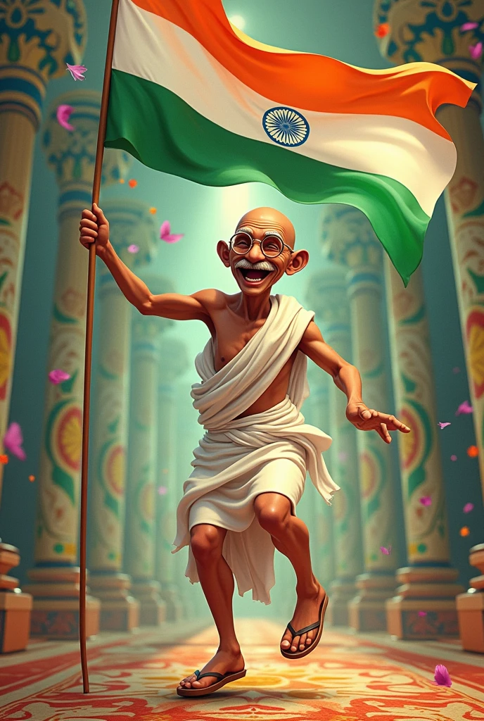 Mahatma Gandhi dancing with Indian flag in a funny meme way