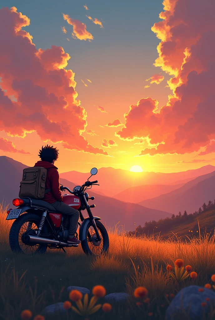 Create a high quality phone wallpaper in which a travelling boy is sitting on grasses behind his motorbike,his bike is parked behind him and looking at the gorgeous sunset across the mountains
Wallpaper should be long enough to fit in android phone screen remove the mountains and add grassland and clouds