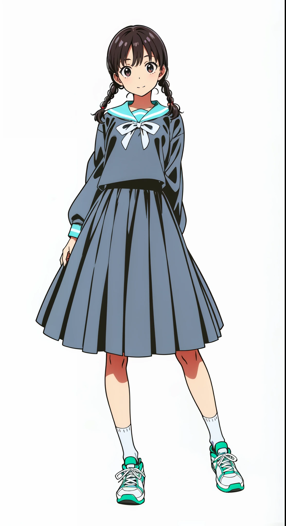 (white background:1.0), (best quality:1.0), (masterpiece:1.0), (super fine illustration:1.0), (beautiful artwork:1.0), (anime screencap:1.0), (official art:1.0), (full body:1.0), (solo:1.0), (a 14yo cute girl:1.0), (long skirt:1.0), (dark blue skirt:1.0), (pleated skirt:1.0), (dark blue sailor uniform:1.0), (long sleeve sailor uniform:1.0), (sneakers:1.0), (white socks:1.0), (ideal ratio body proportions:1.0), (lanky:1.0), (tall:1.0), (slender:1.0), (small breasts:1.0), (smaller face:1.0), (tareme:1.0), (cheerful:1.0), (detailed beautiful eyes:1.0), (detailed beautiful face:1.0), (glowing black eyes:1.0), (short hair:1.0), (swept bangs:1.0), (twin braids:1.0), (black hair:1.0), (standing:1.0), (looking at viewer:1.0)