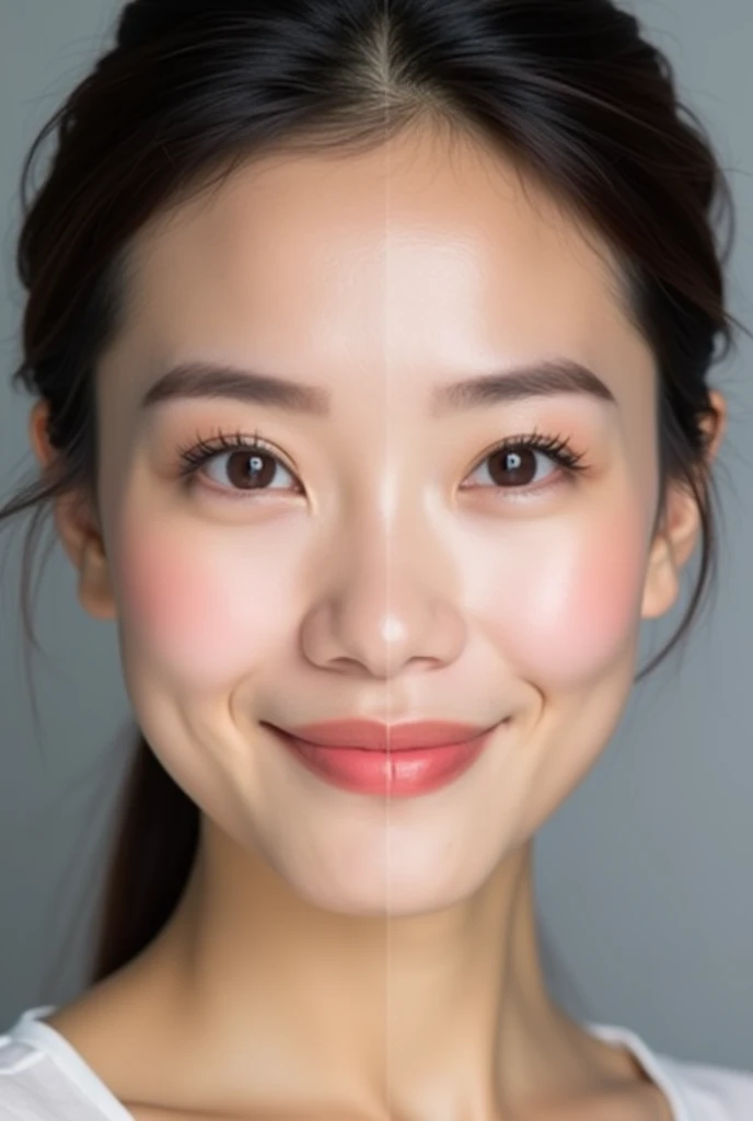 Create a before-and-after comparison image showing the face of a Vietnamese woman. On the left side, show her face with no makeup, highlighting natural features with a clean, fresh look. On the right side, show her face with simple and light makeup suitable for a professional work environment. The makeup should include a light foundation, subtle blush, natural-looking eyebrows, neutral eyeshadow, a touch of mascara, and a soft nude or pink lipstick. The overall effect should be natural, enhancing her features while maintaining a professional and polished appearance.