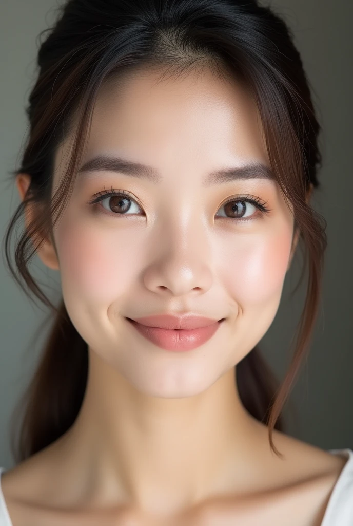 Create a before-and-after comparison image showing the face of a Vietnamese woman. On the left side, show her face with no makeup, highlighting natural features with a clean, fresh look. On the right side, show her face with simple and light makeup suitable for a professional work environment. The makeup should include a light foundation, subtle blush, natural-looking eyebrows, neutral eyeshadow, a touch of mascara, and a soft nude or pink lipstick. The overall effect should be natural, enhancing her features while maintaining a professional and polished appearance.