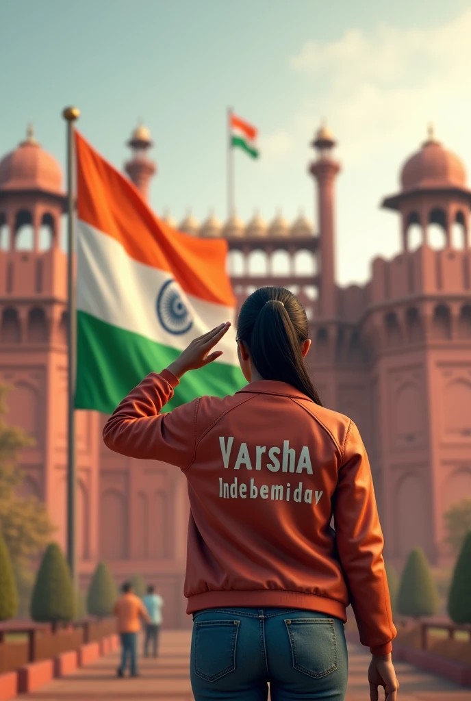In front of the Red Fort, a large Indian flag is prominently displayed. A Woman is standing and saluting towards the flag, wearing a jacket with the name 'Varsha' written on it. Nearby, the words 'Happy Independence Day' are clearly visible, creating a patriotic and powerful 3D scene