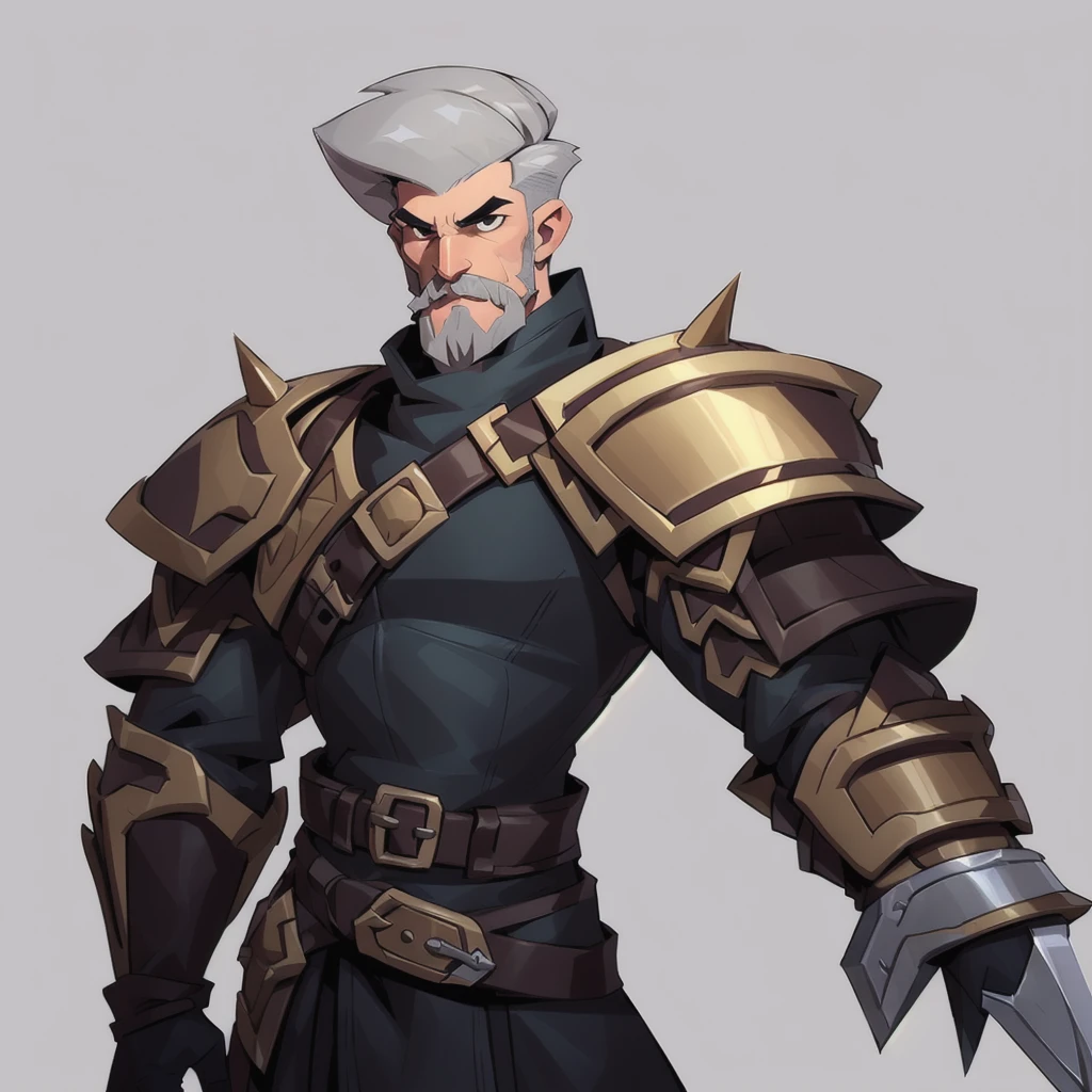 concept art, European and American comics, game character design, RPG Fantasy Game Characters, 1boy, solo, European male teenager, A very young face, Male-centric, short, light gray hair, Short hair styled in sharp spikes, light gray beard, weapon, Mustache and beard,Black leather armor,,white background, slim body, Kind eyes, Thick, straight eyebrows ,Holding a knife,Only one shoulder armor on the right shoulder, brown with checkered pattern, three layers of the same pattern,mature male,black eye, Focused on the upper body, Make your face look bigger,Brown scabbard on back, Brown gloves on hands, Three belt-like decorations on wrist guards, (((Clean outer lines in black))), high resolution