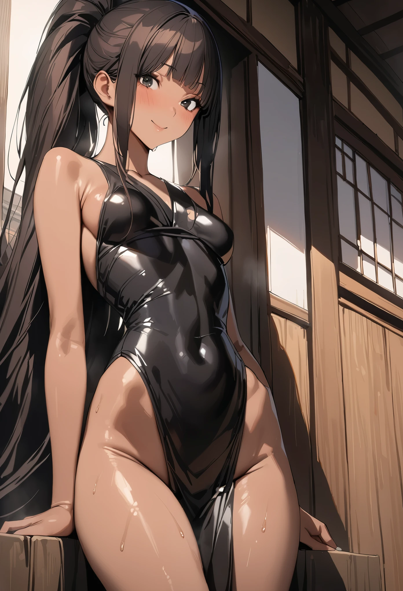 ((masterpiece,best quality anime,Highest quality:1.3)),realistic,cowboy shot,(25 year old beauty),Female Ninja,1woman,独奏,((very small head:1.4)),((very long body:1.3)),black hair,bangs,long ponytail hair,gorgeous big eyes,black eyes,smile,(tan skin),Black kimono、Black lit,((slender body:1.3,skinny)),medium breasts,gleaming skin,shiny skin,sweat,standing,Japanese-style house、Japan in the Edo Period、