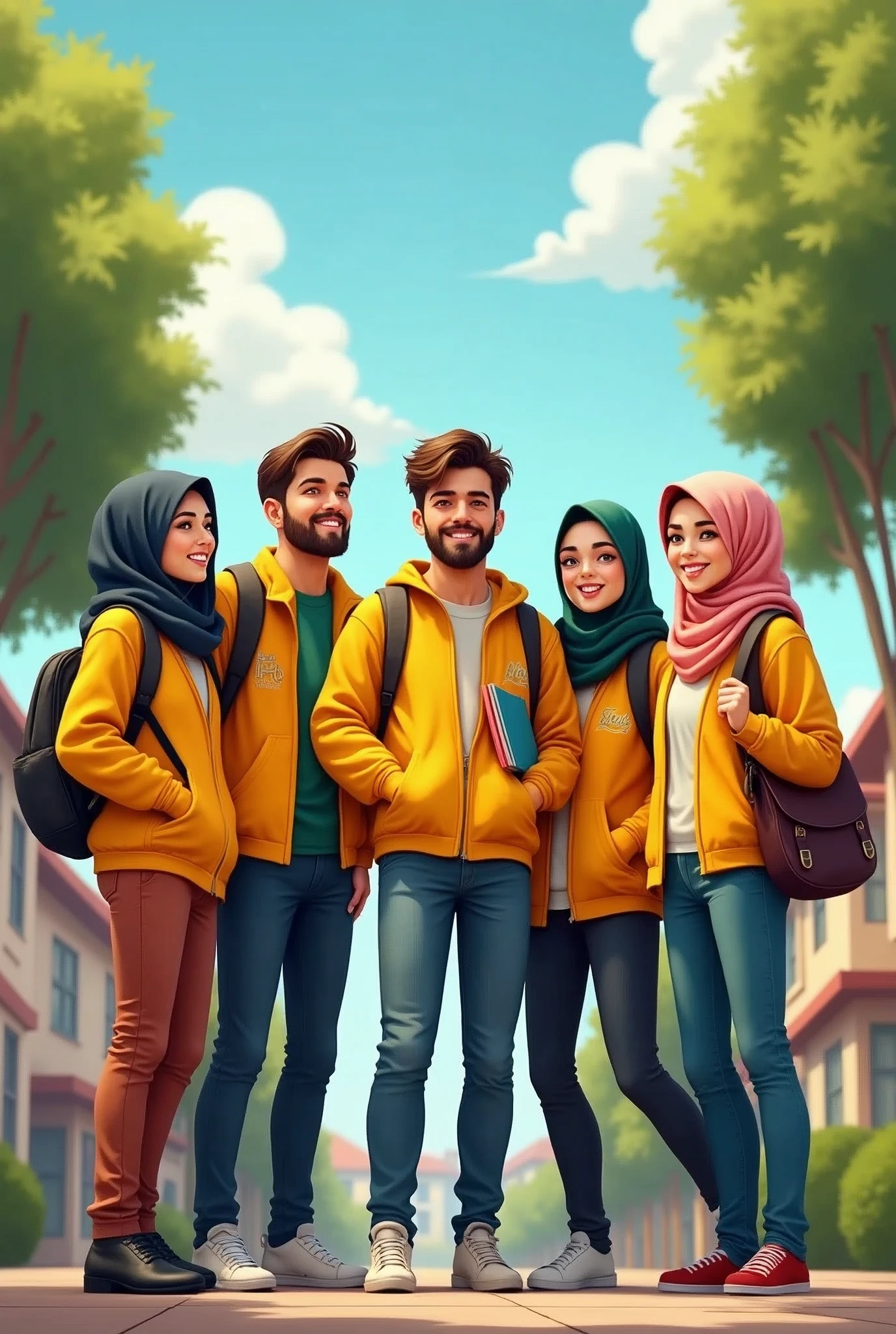 3 men wear black jacket, 3 women wear hijab, extreme detail, masterpiece, cute comical character, 4k, gaming character, 3D model