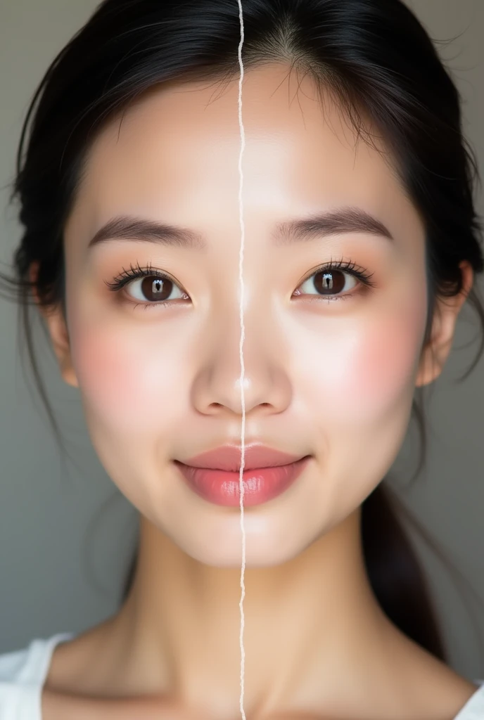Create a before-and-after comparison image showing the face of a Vietnamese woman. On the left side, show her face with no makeup, highlighting natural features with a clean, fresh look. On the right side, show her face with simple and light makeup suitable for a professional work environment. The makeup should include a light foundation, subtle blush, natural-looking eyebrows, neutral eyeshadow, a touch of mascara, and a soft nude or pink lipstick. The overall effect should be natural, enhancing her features while maintaining a professional and polished appearance.