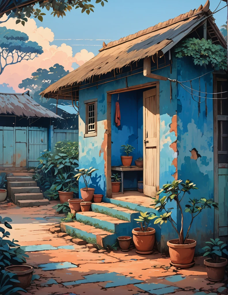 wide view, indian hut, cracked walls, blue faded paint, stairs, banyan tree outside, blue pinkish sky, evening time, earthy tones, clothes hanging on wire, windy, plant pots outside, old broken small gate, mud verandah, shed, cozy atmosphere, micro landscape, intrinsic details, masterpiece