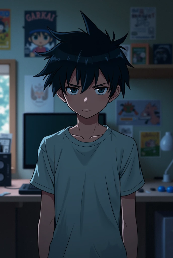 Anime boy with black hair, grumpy eyes in his room