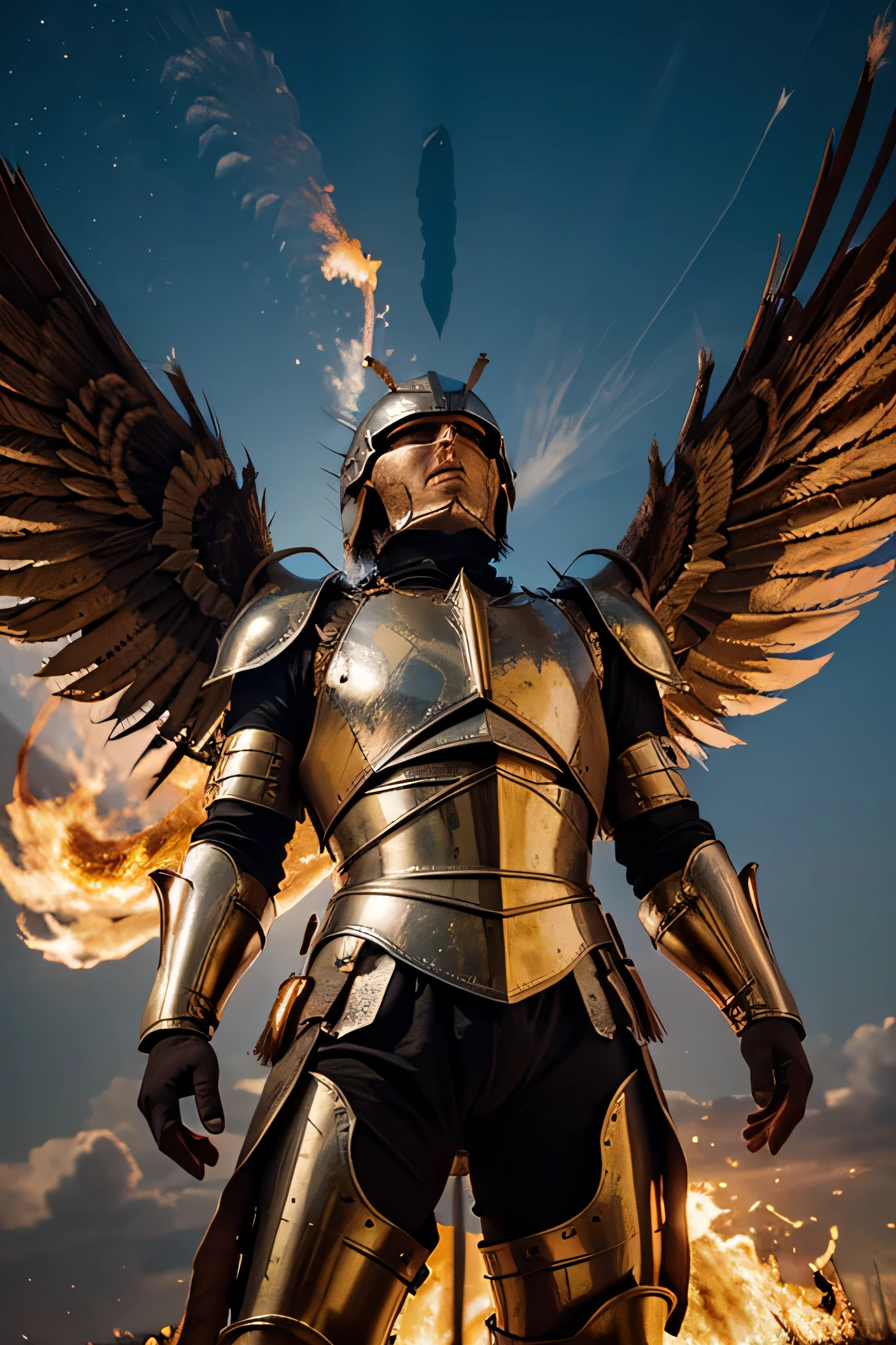 winged man in armor engulfed in flames in the sky