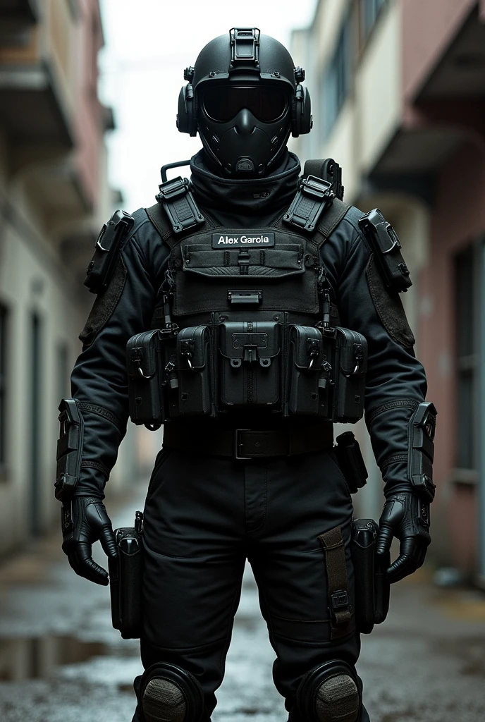 Create a tactical soldier who says Alex Garcia on his uniform. 
