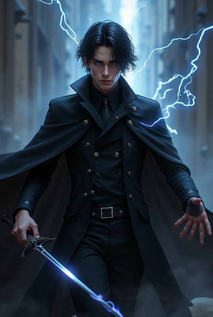 A young man wearing a black military suit, with a serious look, let black fire come out of his left hand and black lightning from his right hand. Let her hair fall slightly on her forehead in black color. Have a black cloak.Let the guy have a beautiful face and blue eyes. Let the suit be a modern suit of the future in black. Let the lightning be black.Let him have a black sword in his hand, and let the sword be surrounded by black fire.