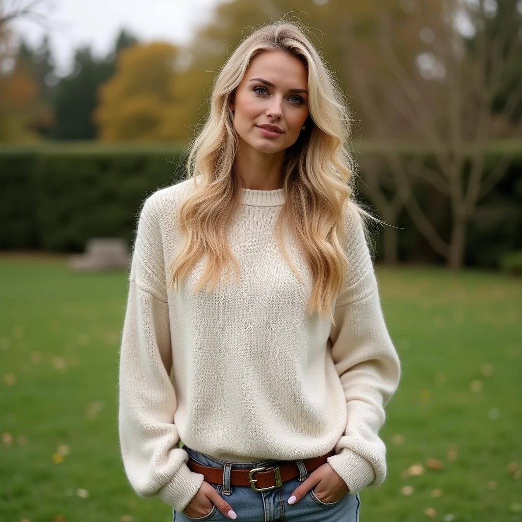 Dans un jardin, une femme blonde aux cheveux mi long portant un pull laissant transparaitre une belle poitrine
