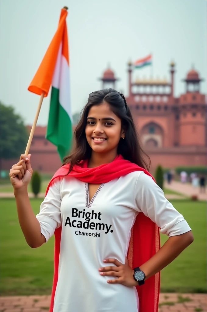 A real 16 year old indian beautiful girl stands in beautiful ground, holding the large Indian national flag aloft. She is wears white colour kurti and a red dupatta with name “Bright Academy,chamorshi” is clearly written in black bold letter on kurti, and a watch. the girl is looking so pretty , indian,smiling, stylish hair, The background features is lal kila, in full blurred, a large indian flag stands in background, full hd quality picture 32k quality image
