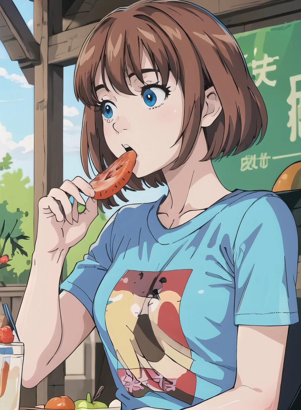 best quality, (masterpiece),(ultra-detailed), (high quality), (high resolution),mamori anazaki, short hair, blue eyes, brown hair, T shirt, cute, eating fruit