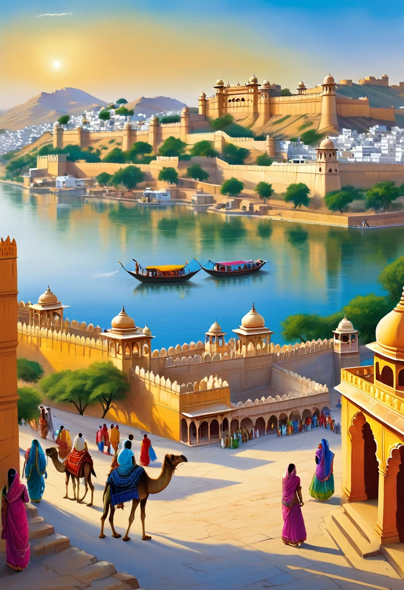 "Create a panoramic image that embodies the diverse beauty of Rajasthan. The foreground should feature the golden sands of the Thar Desert with a decorated camel caravan and a traditional Rajasthani woman in vibrant attire carrying a pot. In the middle ground, depict the majestic Amber Fort on a hill, overlooking the bustling streets of Jaipur with colorful markets and artisans at work. To the right, include the serene waters of Lake Pichola with Udaipur's City Palace glowing in the background. In the distance, show the blue houses of Jodhpur and the towering Mehrangarh Fort. The sky should be clear, with a few peacocks wandering near a lush garden, capturing the region's natural and architectural splendor, all bathed in the warm glow of a setting sun."