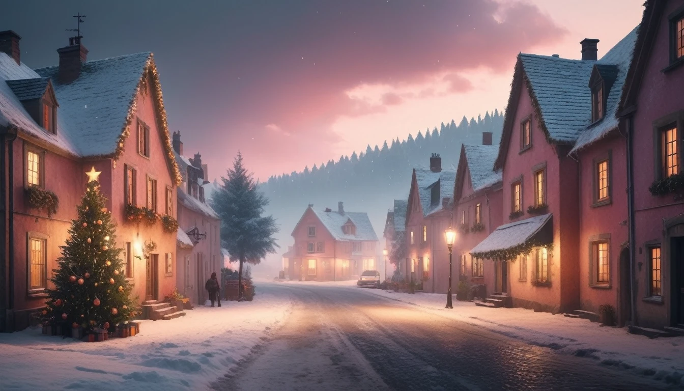Hyperrealistic christmas landscape photo of a village covered with snow in the ethereal mist,snow is falling, (((christmas tree:1.2 in the center)))), ((street lanterns)), people on the streets, few houses with illuminated windows, smokey chimneys,vivid colors, snowy sky, sunset,pink color gradient to orange color in the sky, extremely high-resolution details, photorealism, realistic lifelike textures, masterpiece, best quality, photograph, dreamlike, intricate details, sharp focus, photography, photorealism, photorealistic, 8k, volumetric light, (intricate details), (hyperdetailed), hdr, high detailed, lot of details, high quality, soft cinematic light, dramatic atmosphere, atmospheric perspective, ultra realistic, neutral colors, cinematic lighting, sharp focus, wide angle, film grain, dslr, raw photo,