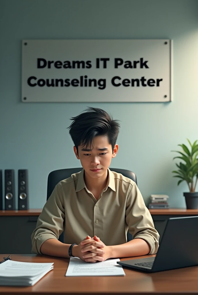 A young freelancer. Although he can work initially, he is not getting work because of his lack of communication skills.  He is coming to Dreams IT Park Counseling Center for counselling. Dreams IT Park Counseling Center is written big on the office's wall.
