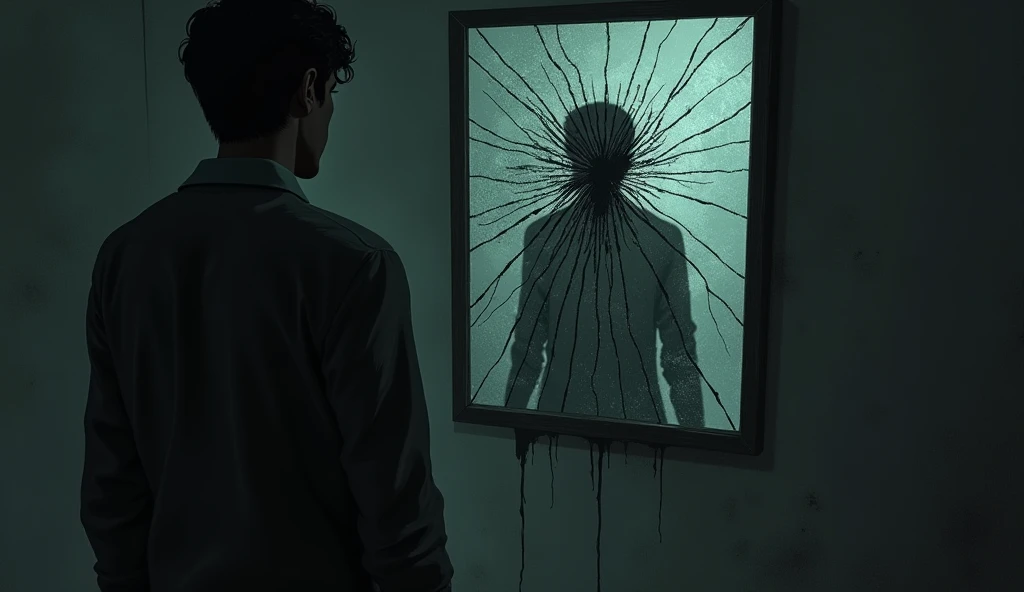 A cracked mirror in one of the rooms, reflecting a distorted image of Vikram.