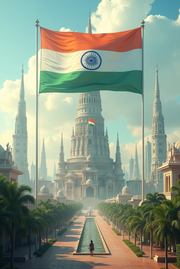 India as a developed nation 2047 with a big Indian flag inside a new unique modern Puri Temple city having temple like tall buildings 