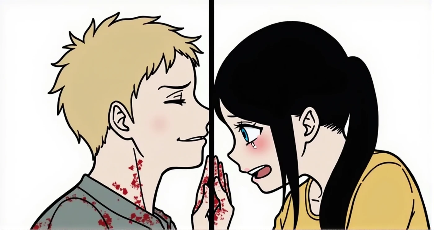 man, tall blonde, Beautiful inflated body, eyes closed, sad smile, covered in blood, girl crying, long black hair pulled back in a ponytail, Blue eyes, anime art, masterpiece, They are separated by an invisible wall, they place their palms against this wall