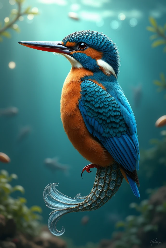 Kingfisher half body in joint half body any fish 

