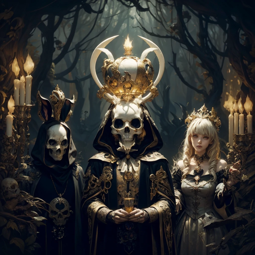 ALICE IN WANDERLAND, BLACK RABbit, , BONES, SKULLS,, detailed matte painting, deep color, fantastical, intricate detail, splash screen, complementary colors, fantasy concept art, gold black colors shine