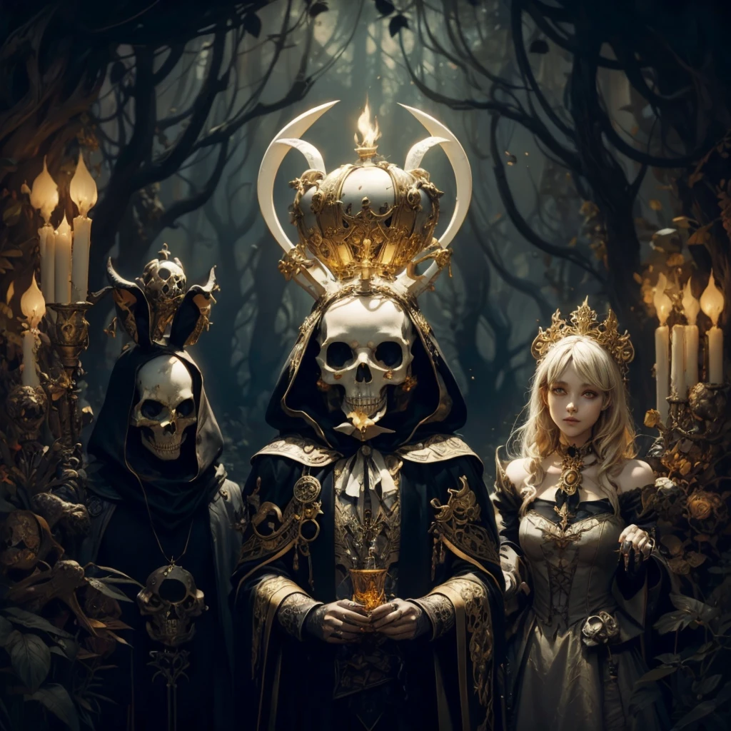 ALICE IN WANDERLAND, BLACK RABbit, , BONES, SKULLS,, detailed matte painting, deep color, fantastical, intricate detail, splash screen, complementary colors, fantasy concept art, gold black colors shine