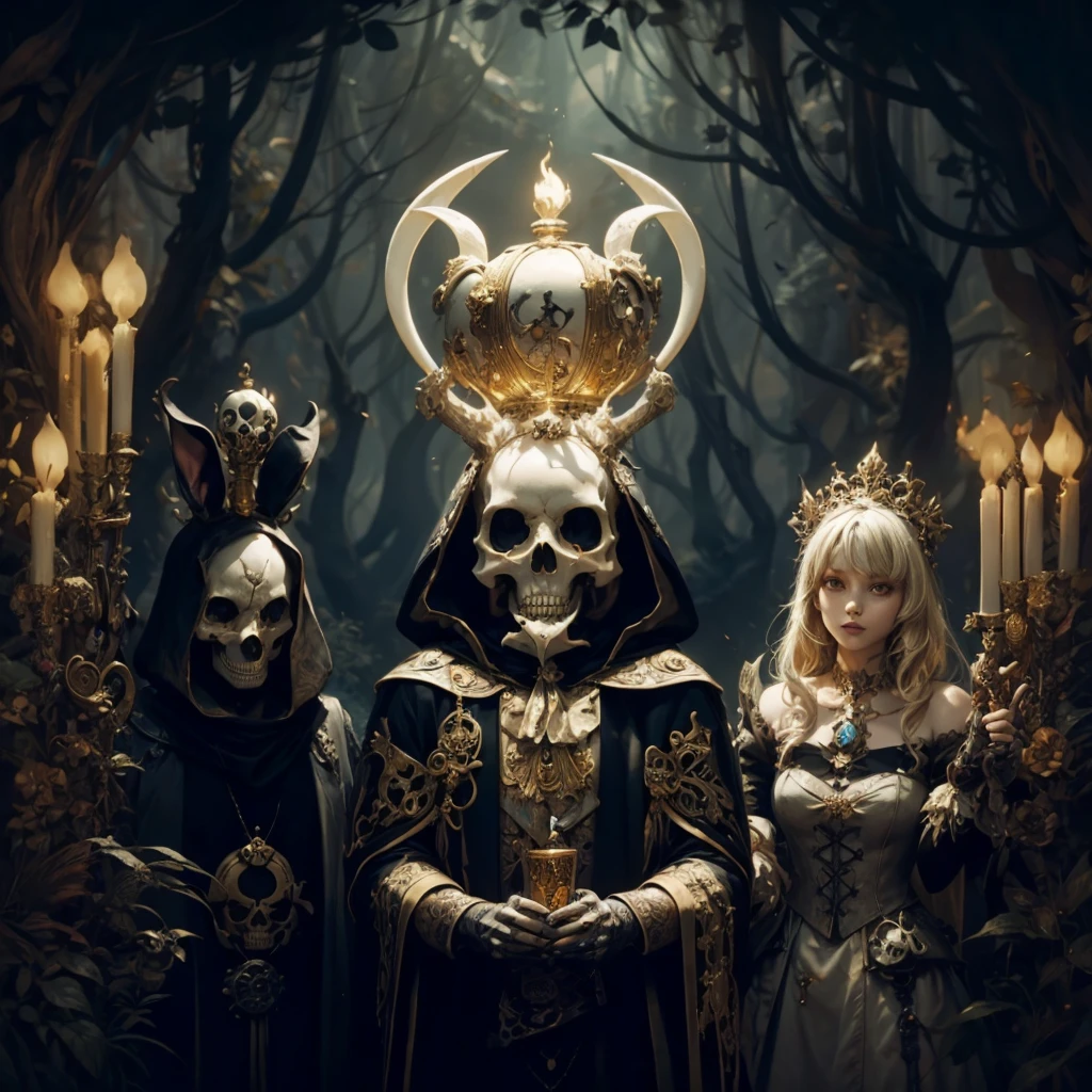 ALICE IN WANDERLAND, BLACK RABbit, , BONES, SKULLS,, detailed matte painting, deep color, fantastical, intricate detail, splash screen, complementary colors, fantasy concept art, gold black colors shine