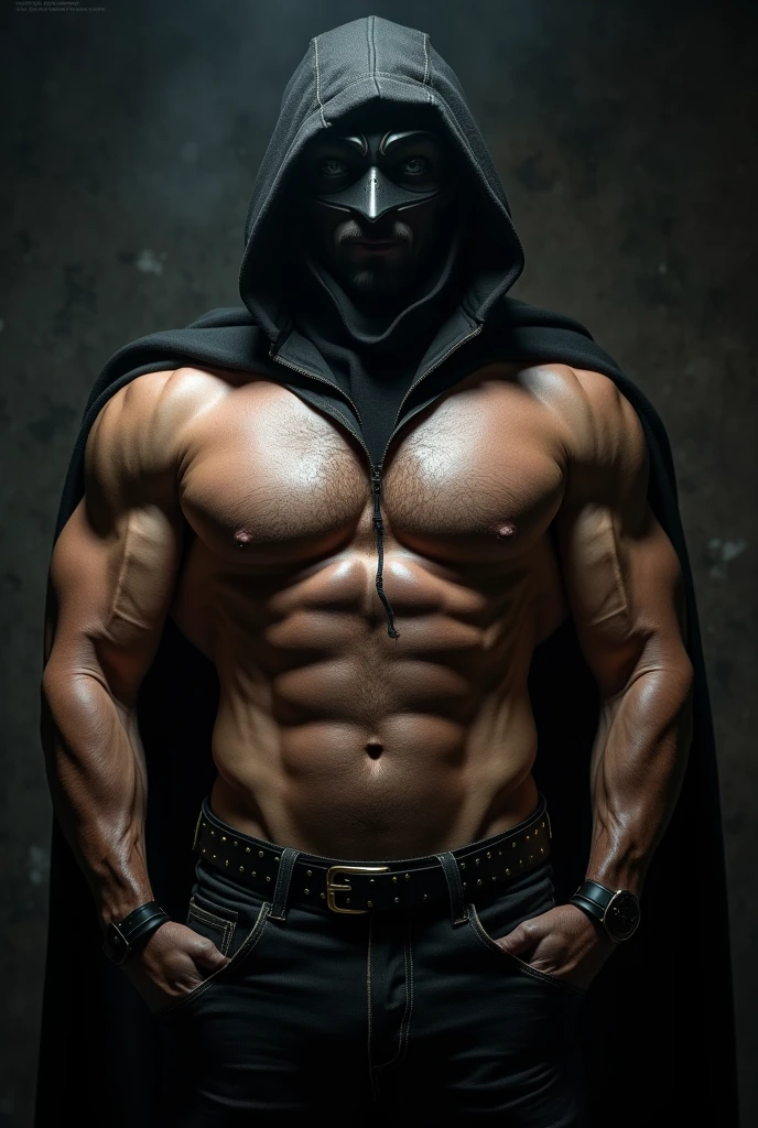 A muscle guy wearing a thief mask showing his enormous dick