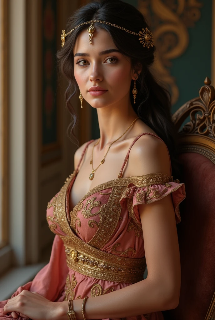 Front view, Full-body, in Jewish palace , looking at viewer, 1 century, 1 women ,Herodian , Arabian , Jewish girl 30 years old, (dark brown hair chignon, serious, gold earring, gorgeous neckless with jewel, tiara with diamond), ((black see-through head hood:1.3)),(C cup breasts, slender whist, wide hip), (black Bra with jewel ,pink linen see-through shot blouse, brown leather belt with jewel, silk white patron with black silk long see-through skirt, : 1.3), gorgeous sandal, (Textured skin , HI Detail Skin, (Shorthand, Canon, 8k, Anatomically correct, Super Detail, Attention to detail, Your Highness)