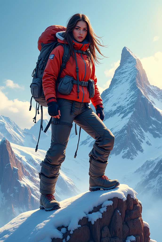 (, Mountaineer), (Creative artwork, figure:1.2), (detailed and vibrant colors), (Highest quality,4K,8k,High resolution,masterpiece:1.2), (Bold and striking lines), (Dramatic lighting), (Mountain in the background々), (Sticker-like black background), (Impressive depth and perspective), (Dynamic configuration), (Meticulous attention to detail), (Majestic and awe-inspiring atmosphere), (Strong sense of adventure), (feminine and powerful), (intricate patterns on the Mountaineer's clothing), (sharp focus on the Mountaineer's face), (Realistic,photoRealistic,photo-Realistic:1.37), (Sense of height and vastness), (Limited color palette), (Contrasting Textures), (Subtle gradient of the sky), (Bold brushwork), (fine texture of the Mountaineer's gear), (expressive face), (Expressions of confidence and determination), (Subtle use of shadows), (Highlighted details of the eyes and lips), (Very detailed mountain), (Wonderful mood and atmosphere), (Enchanting sense of adventure and exploration), (Impressive sense of scale), (Dynamic and energetic poses), (Immersive Experience), (Impressive sense of depth), (Rich storytelling potential), (Stunning visual impact).